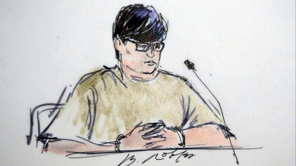 Enrique Marquez, who is accused of buying the rifles a husband and wife used to kill 14 people in the 2015 San Bernardino terrorist attack, will ask to withdraw his guilty plea. This courtroom sketch is from a Marquez court appearance in 2015.