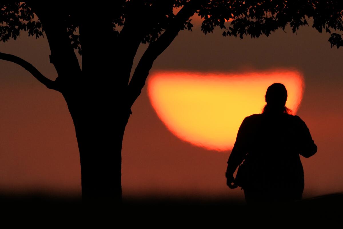 ARCHIVO - Una mujer mira la puesta del sol en un día cálido, el 20 de agosto de 2023 en Kansas City