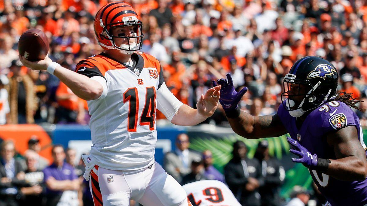 Cincinnati Bengals quarterback Andy Dalton (14) passes under pressure from Baltimore Ravens outside linebacker Za'Darius Smith (90) in the first half on Sunday.