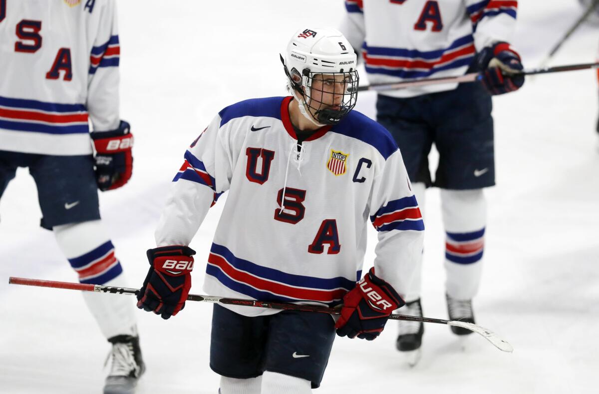 Jack Hughes, expected to be a top pick in the next NHL hockey draft, plays against Bowling Green in Plymouth, Mich on Nov. 21, 2018.