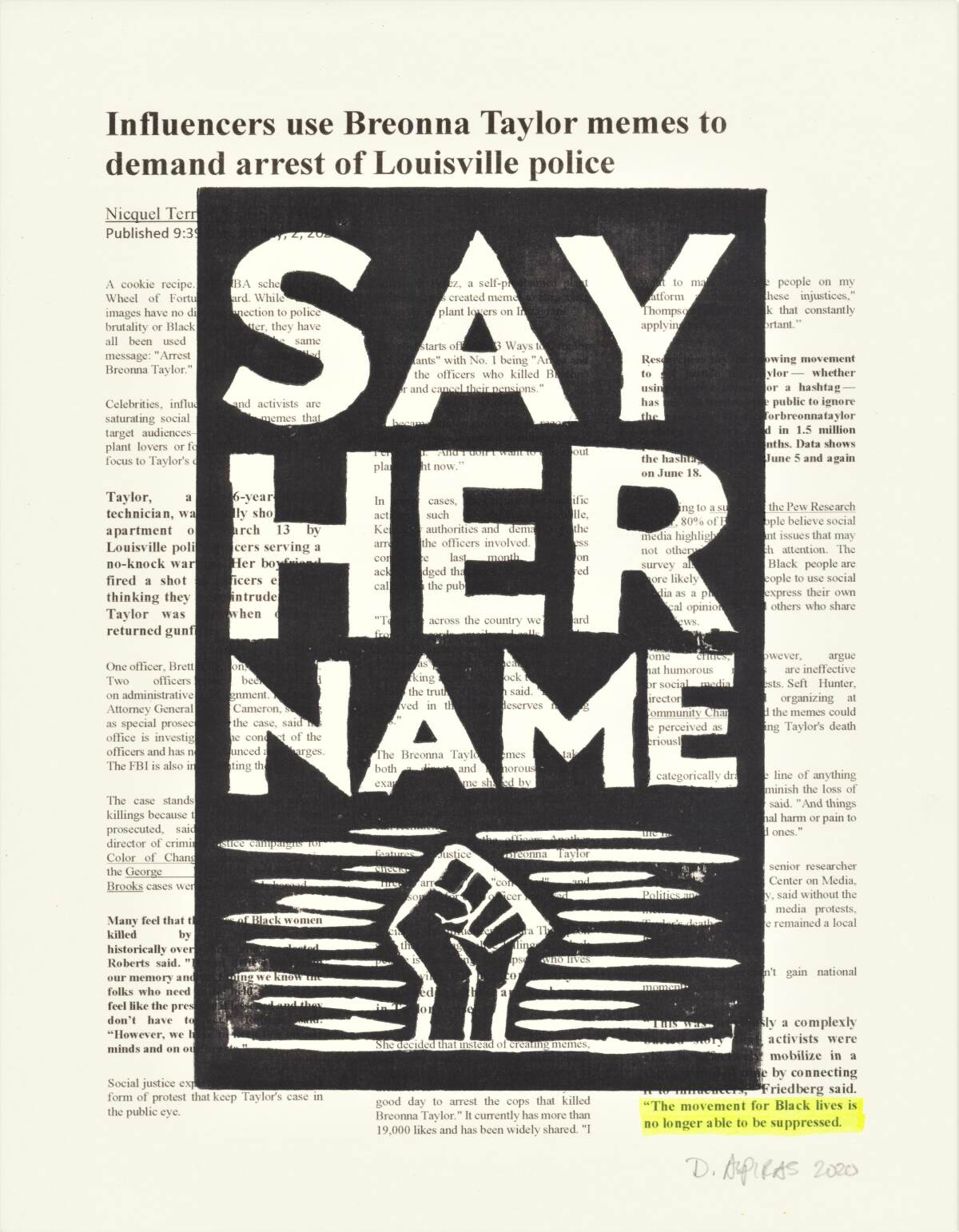 This "Say Her Name" linocut print was created by Desiree Aspiras, founder of Printmakers Against Racim