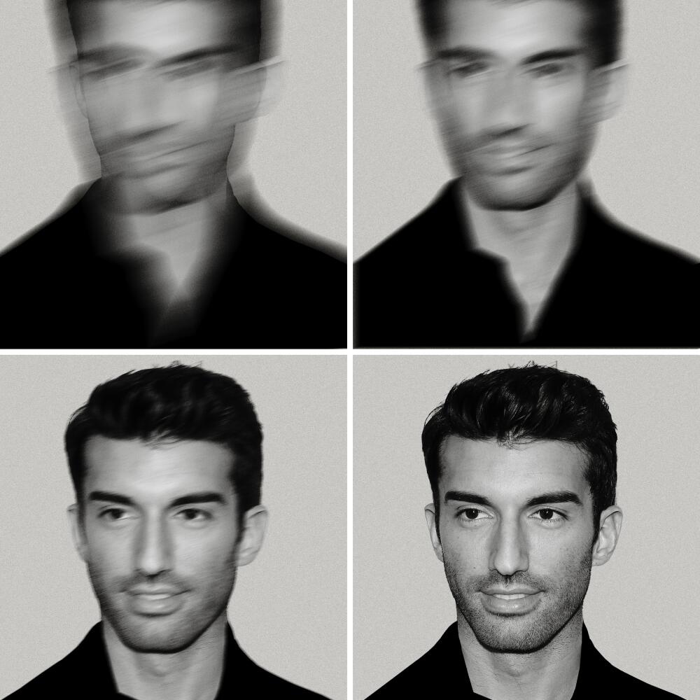 Quadriptych of Justin Baldoni's portrait, transitioning from blurred to sharp focus.