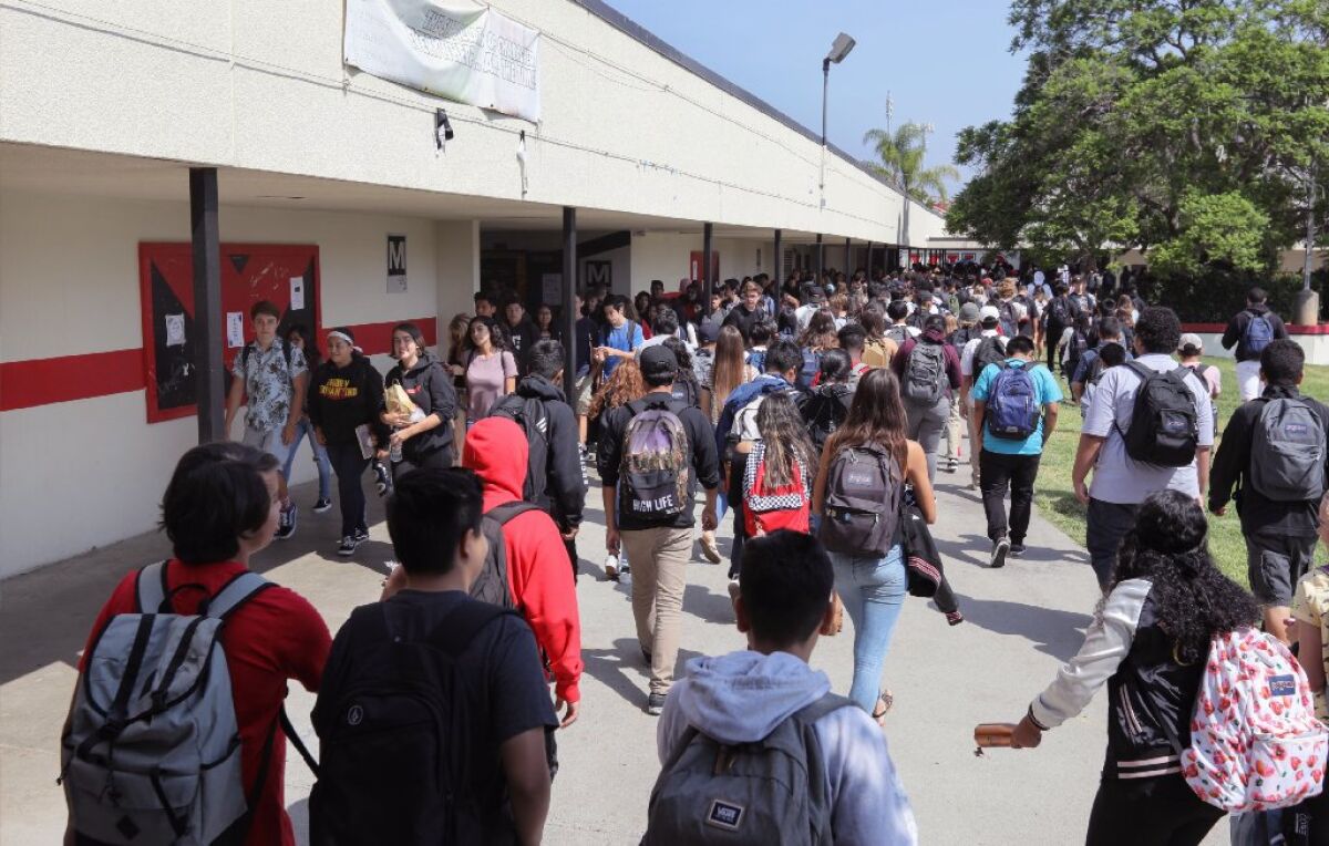 Young people wearing backpacks are seen from the back walking on campus.