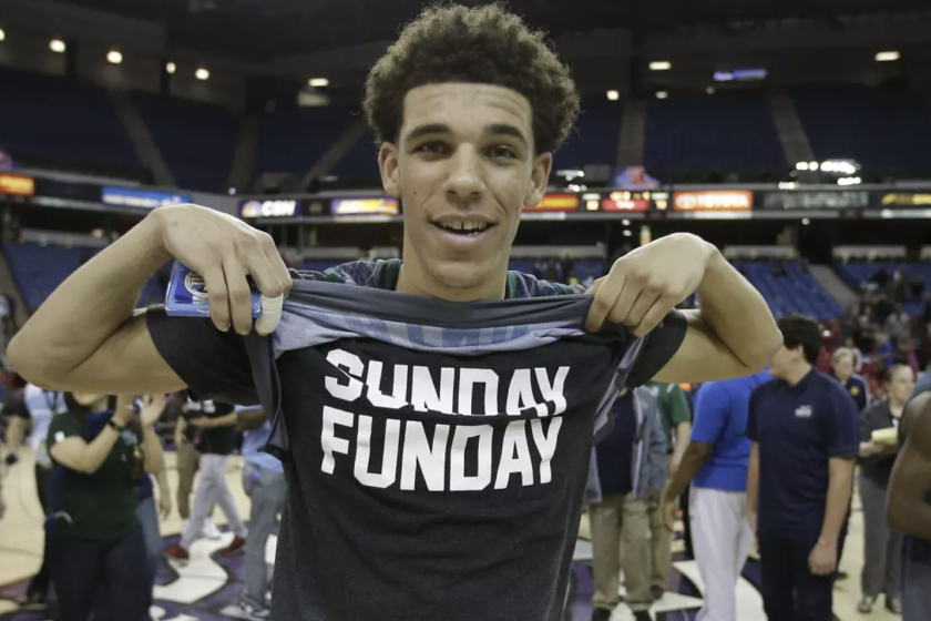 Lonzo Ball shows off his shirt in 2016 after going 35-0 with Chino Hills.