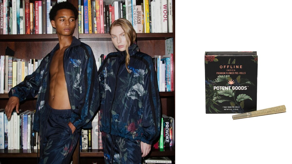 Two models wearing floral-print track suits and a box of pre-rolled joints in the same pattern.