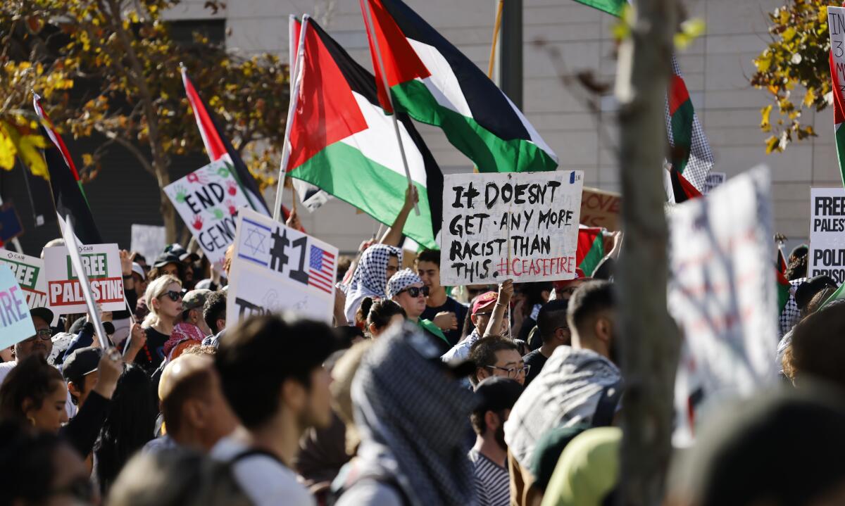 People gather outside, some holding signs or Palestinian flags 