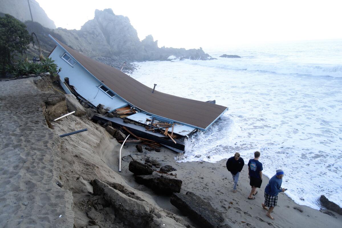 A lifeguard building on the beach at Sycamore Cove in Point Mugu State Park was destroyed after being pounded by high surf from Hurricane Marie.