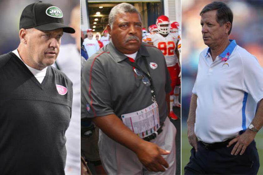 Coaches on the hot seat near the midway point of the season include the New York Jets' Rex Ryan, Kansas City Chiefs' Romeo Crennel and San Diego Chargers' Norv Turner.