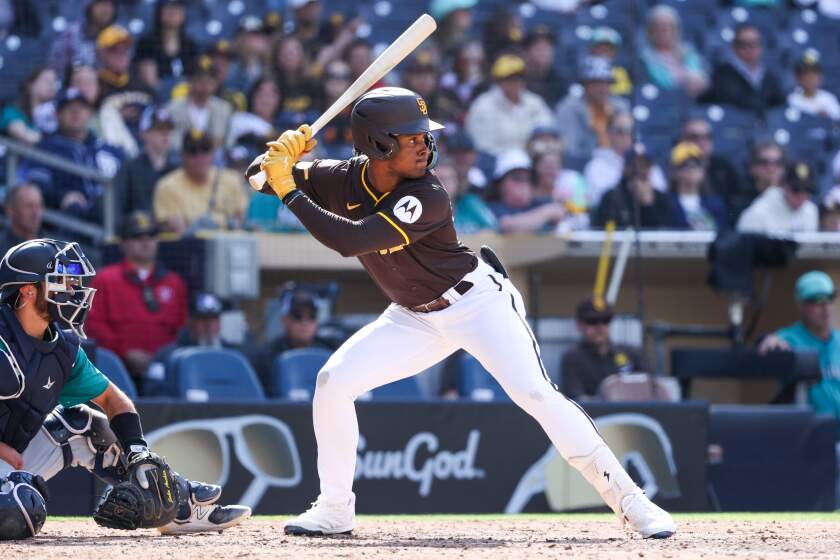 San Diego, CA - March 26: San Diego Padres Homer Bush bats against the Seattle Mariners during the ninth inning of their exhibition game at Petco Park on Tuesday, March 26, 2024 in San Diego, CA. (Meg McLaughlin / The San Diego Union-Tribune)
