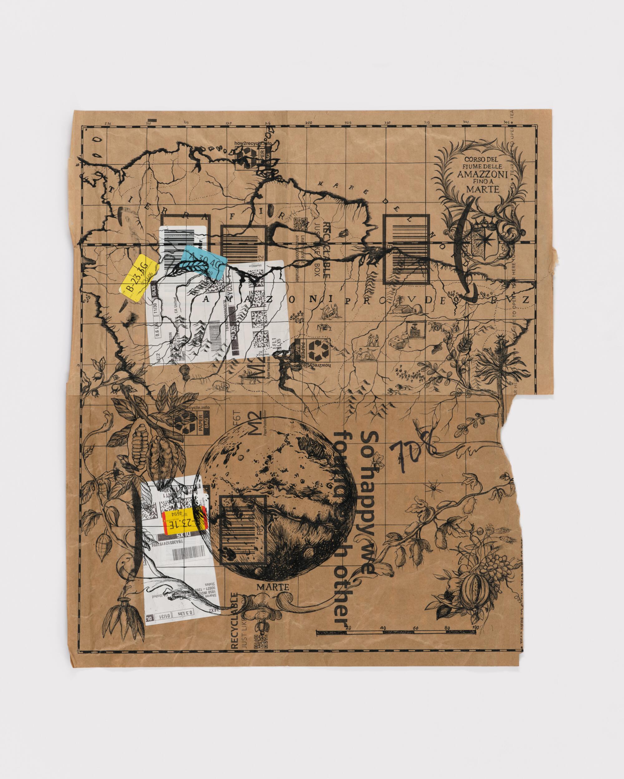 A drawing of maps, plants, and Martian lands on a brown Amazon envelope 