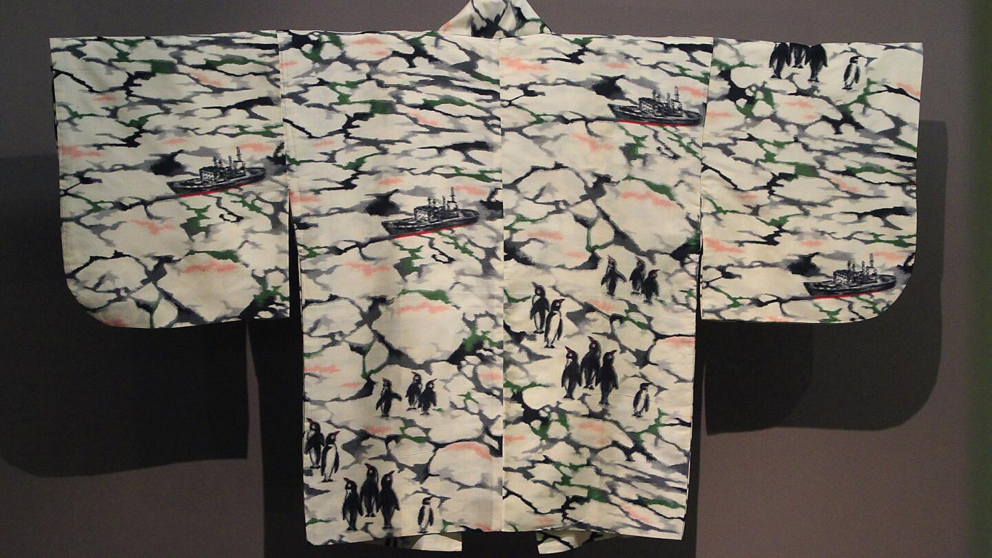 This piece, showing penguins and ice-breaking ships, offers a similar example of a kimono referencing important events. Produced in the late 1950s, it commemorates Antarctic exploration.