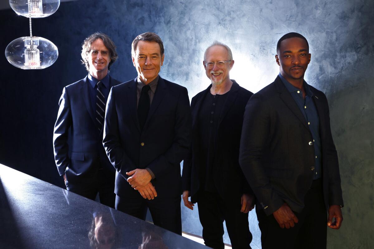 Director Jay Roach,left, actor Bryan Cranston, screenwriter Robert Schenkkan and actor Anthony Mackie are the team behind HBO's "All the Way."