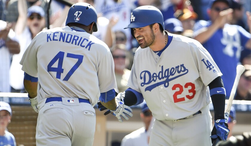 The Dodgers' Howie Kendrick, left, is congratulated by Adrian Gonzalez after hitting a solo home run during the eighth inning against the San Diego Padres on Sunday.