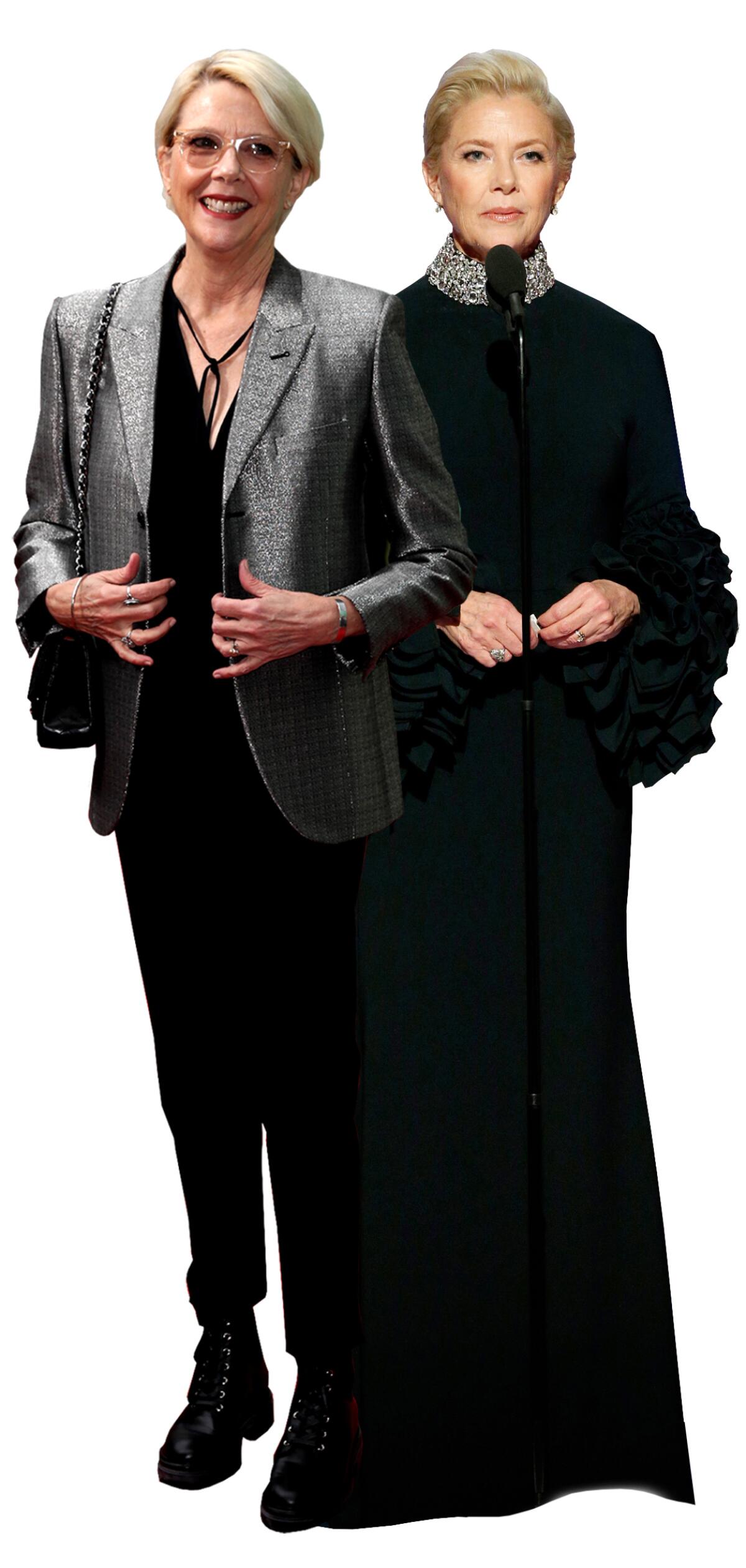 Two images of Annette Bening. In one she wears a black gown, in the other a blazer and slacks.