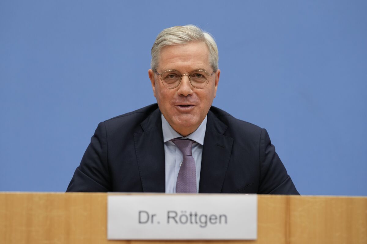 Norbert Roettgen former German environment minister announces his second run for the leadership of outgoing Chancellor Angela Merkel's center-right party, the Christian Democratic Union, CDU, at a news conference in Berlin, Germany, Friday, Nov. 12, 2021. (AP Photo/Markus Schreiber)
