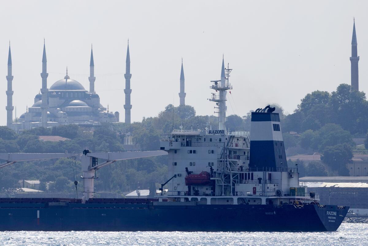 Cargo ship sailing with mosque in background