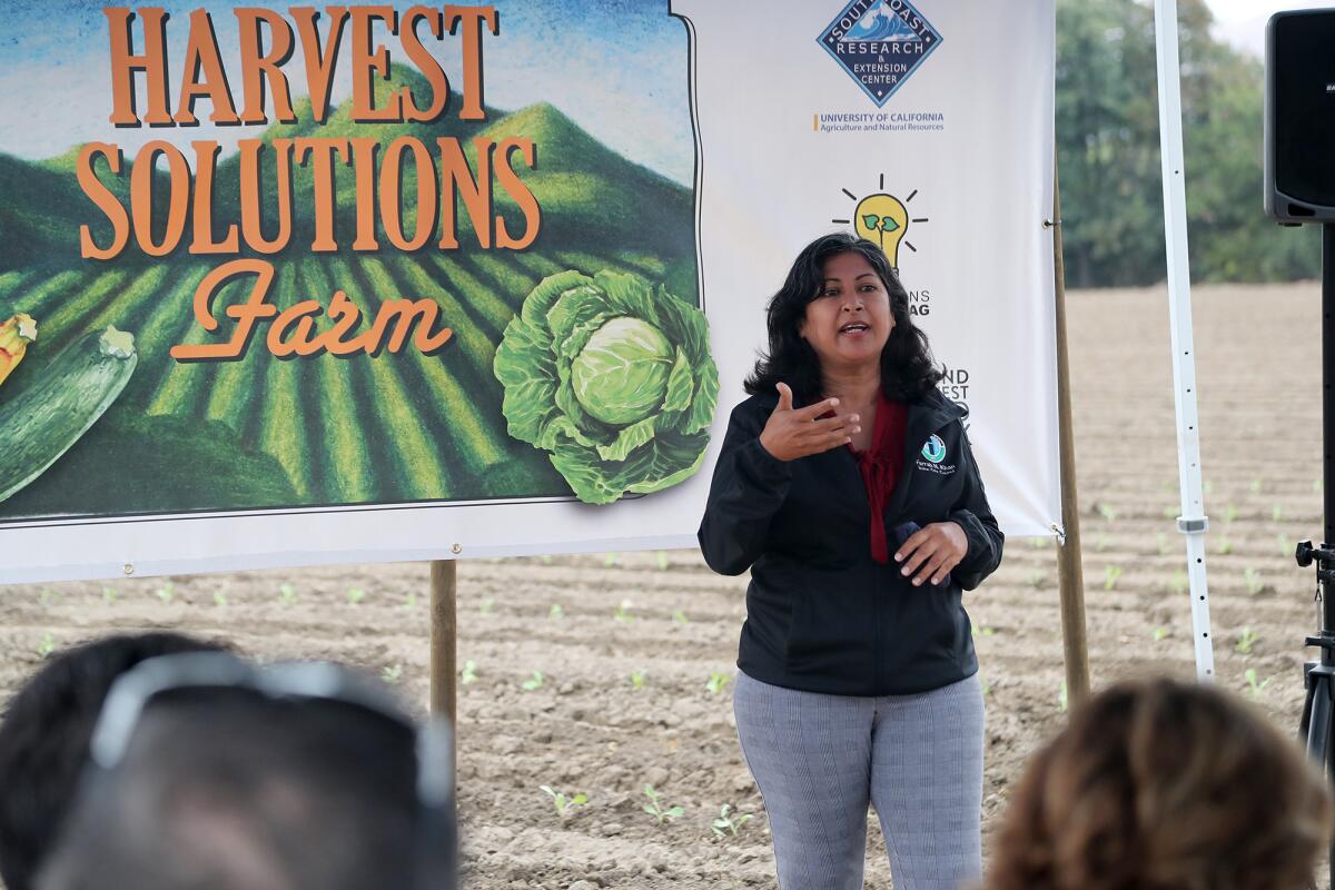 Irvine Mayor Farrah Khan speaks during a news conference.