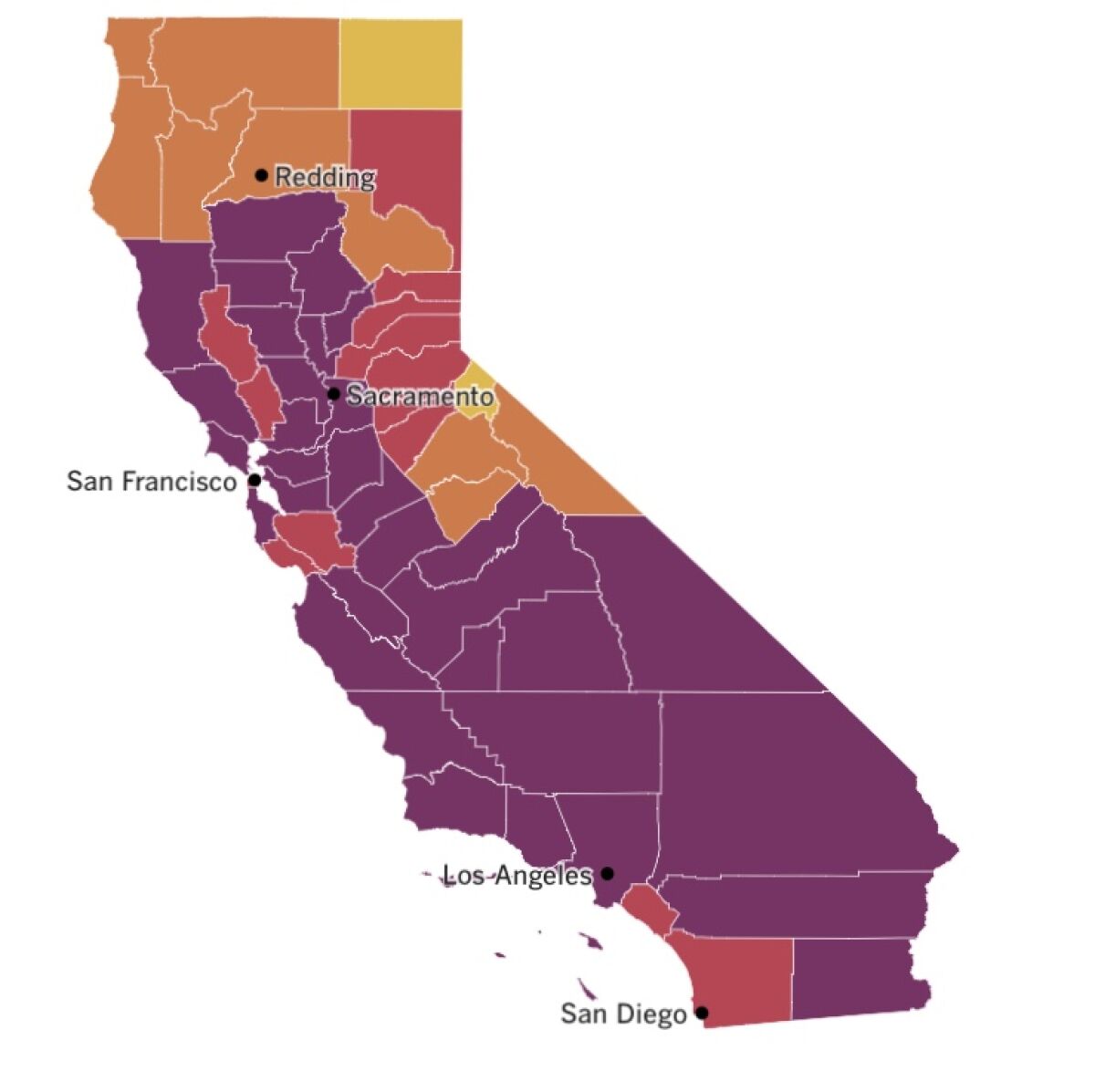 A map of California shows most counties in purple Tier 1 for reopening, representing widespread virus transmission