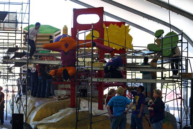 The Cal Poly float is readied for the Rose Parade.