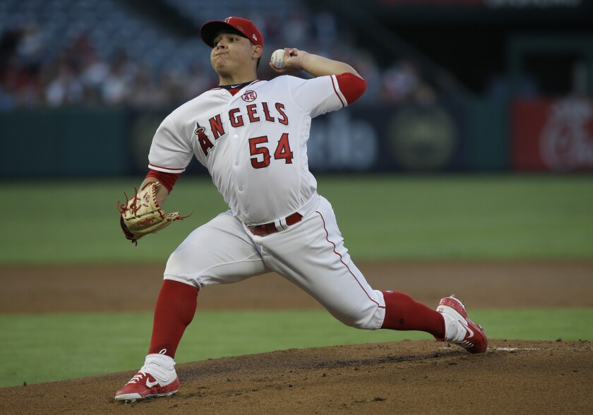 Angels starting pitcher Jose Suarez throws during Monday's 10-2 loss to the Pittsburgh Pirates.