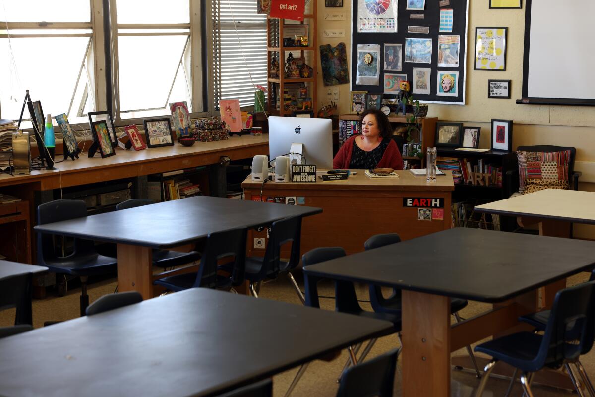 Antoinette Bailey leads a class via Zoom with her art students at Millikan High School in Long Beach on Feb. 19.