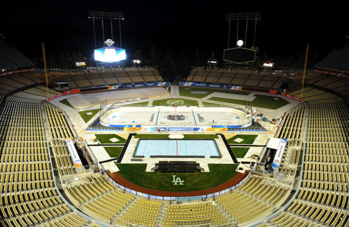 A view of the ice rink at Dodger Stadium, which will host Saturday's NHL Stadium Series game between the Kings and Ducks.