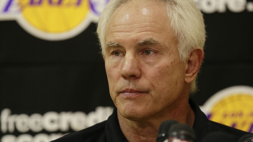 Lakers General Manager Mitch Kupchak speaks to the media at the team's practice facility in 2012.