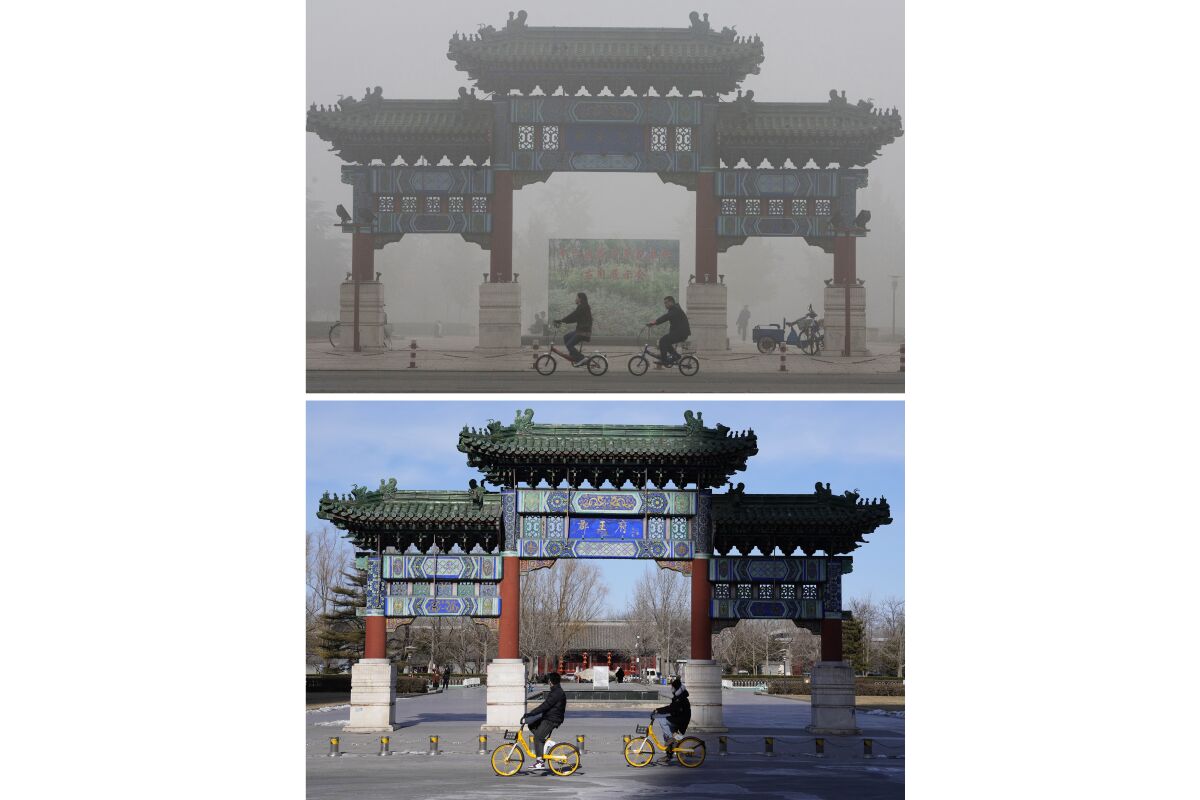 FILE - Cyclists ride past a traditional Chinese gateway during a day murky from fog and pollution in Beijing, on Oct. 26, 2007, top, and the same location on Feb. 5, 2022. Beijing’s air still has a long way to go, but is measurably better than past years. (AP Photo/Ng Han Guan, File)