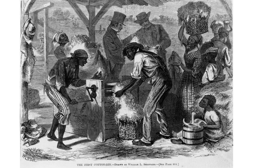 Slaves are depicted working an early cotton gin in an 1869 illustration from Harper's Weekly.