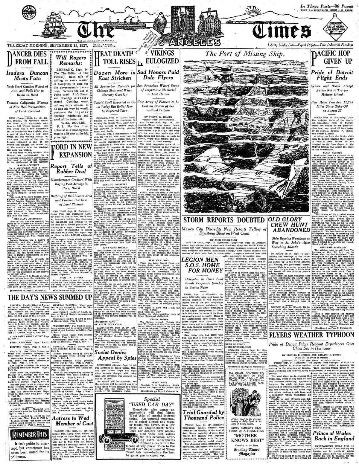 Front page the day after Isadora Duncan died.