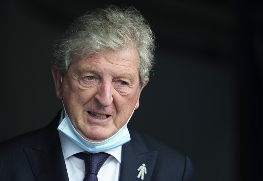 Crystal Palace's manager Roy Hodgson watches his players warm up ahead of the English Premier League soccer match between Crystal Palace and Aston Villa at Selhurst Park in London, Sunday, May 16, 2021. (AP Photo/John Walton/Pool)