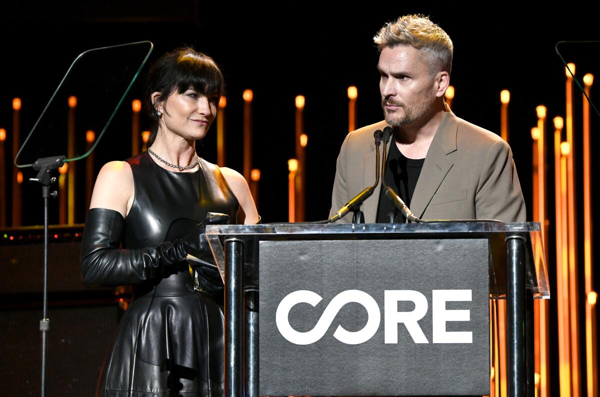 Honorees Rosetta and Balthazar Getty speak onstage during the CORE Gala.