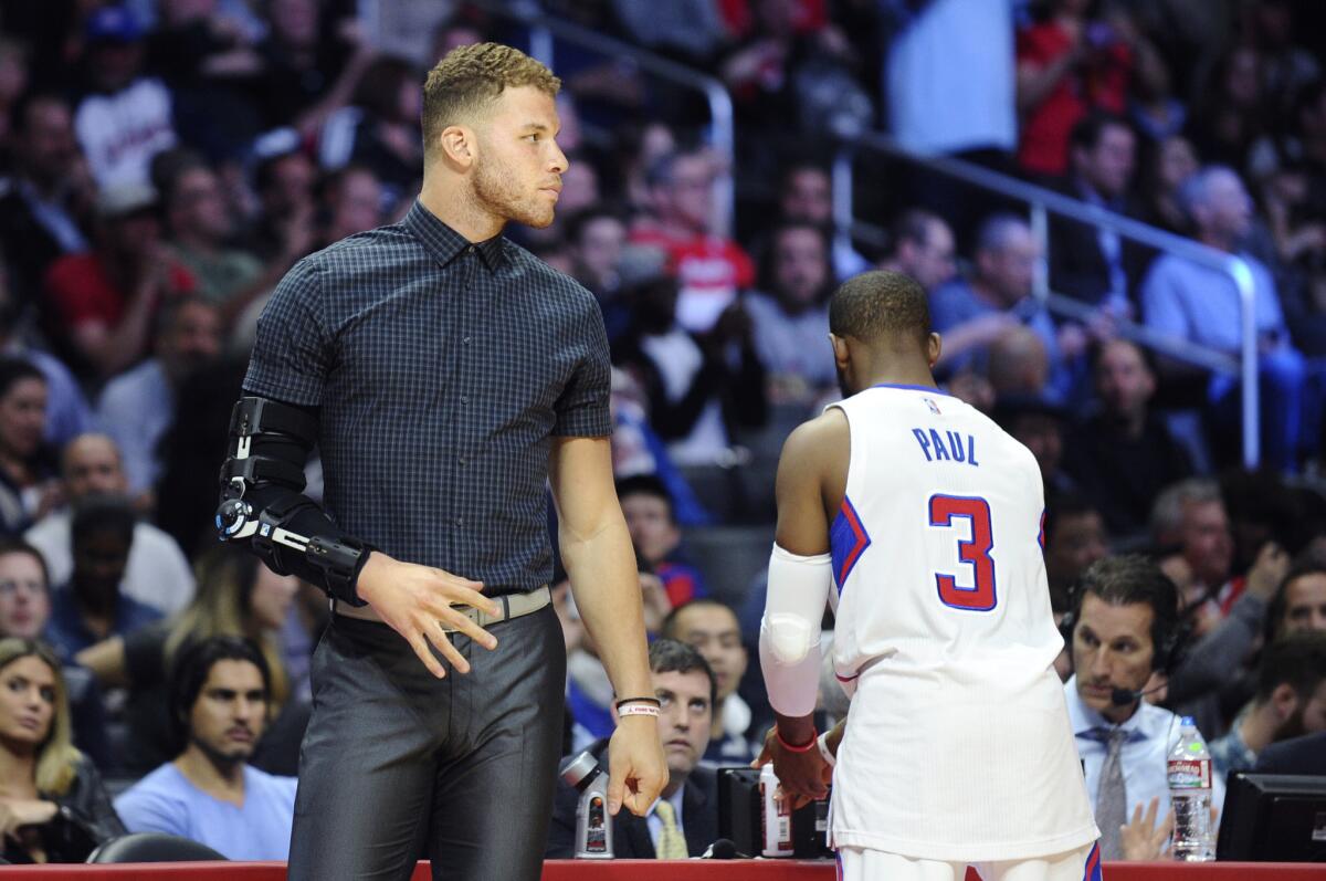 Clippers power forward Blake Griffin wears an elbow brace in this February photo, but he could be back this Sunday.