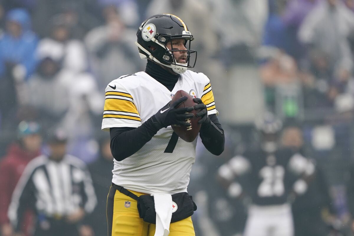 Pittsburgh Steelers quarterback Ben Roethlisberger looks to pass against the Baltimore Ravens during the first half of an NFL football game, Sunday, Jan. 9, 2022, in Baltimore. (AP Photo/Evan Vucci)