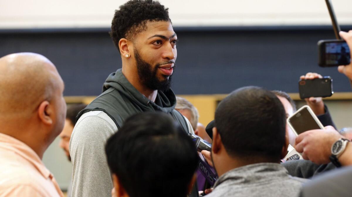 Pelicans forward Anthony Davis talks to reporters after a practice on Friday.