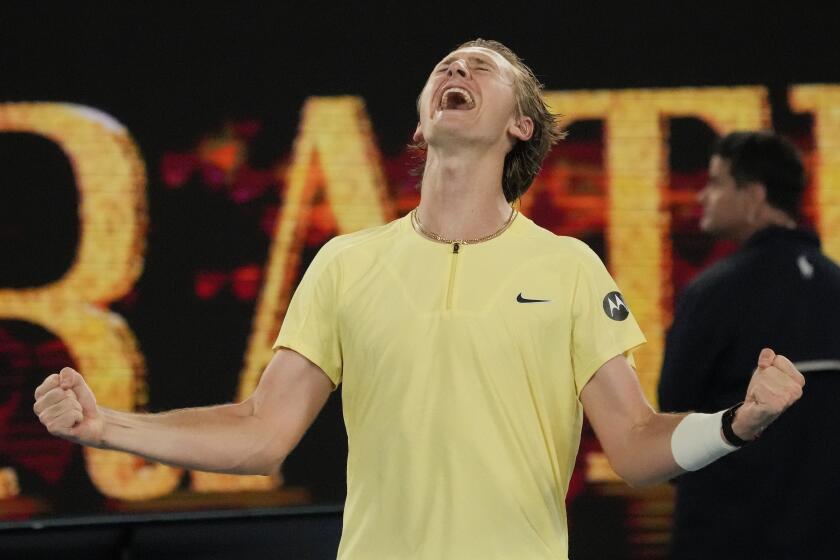 Sebastian Korda of the U.S. celebrates after defeating Daniil Medvedev of Russia in their third round match.