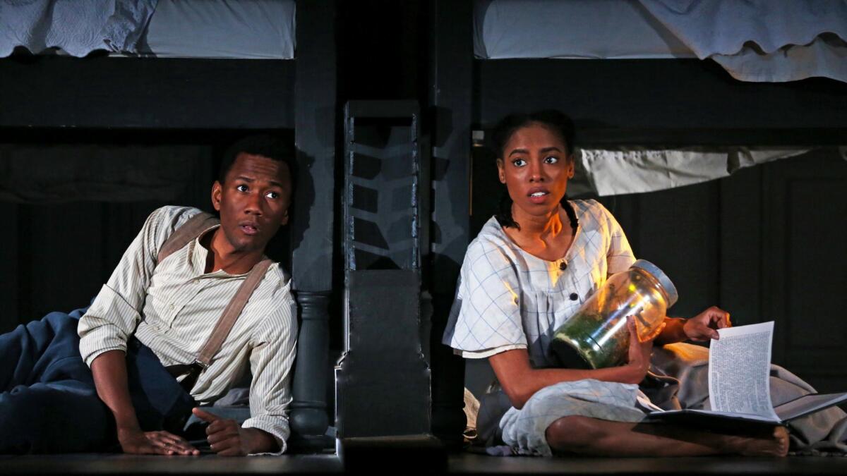 Giovanni Adams is Colis, left, and Chauntae Pink is Toy in Kemp Powers' "Little Black Shadows" at South Coast Repertory.