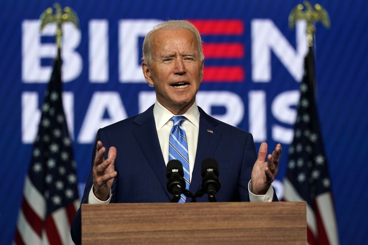 Democratic presidential candidate former Vice President Joe Biden speaks Wednesday, Nov. 4, 2020, in Wilmington, Del. 