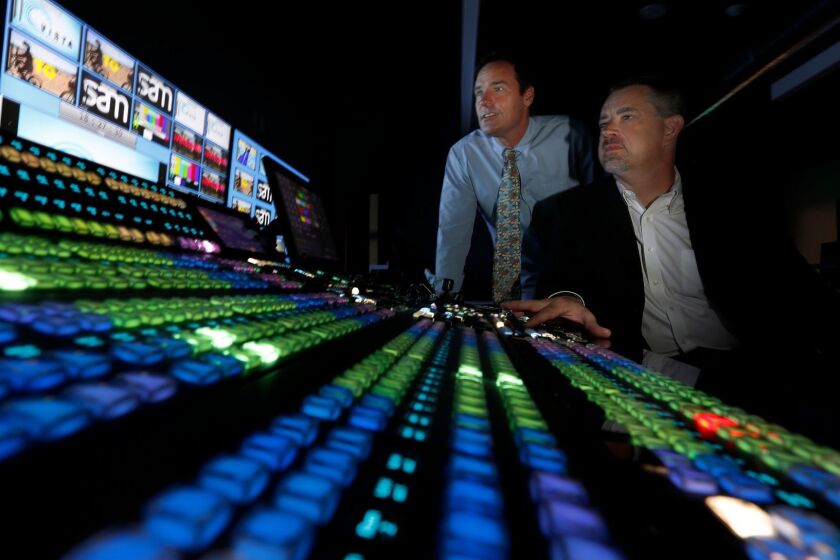 LOS ANGELES CA, MAY 18 2017: Vista Studios co-founders Frank Gianotti and Randall Heer demonstarte some of the gear in the state-of-the-art control room at the new facility May 18, 2017. The new studios could help ease shortage of studio space in Los Angeles (Mark Boster / Los Angeles Times ).