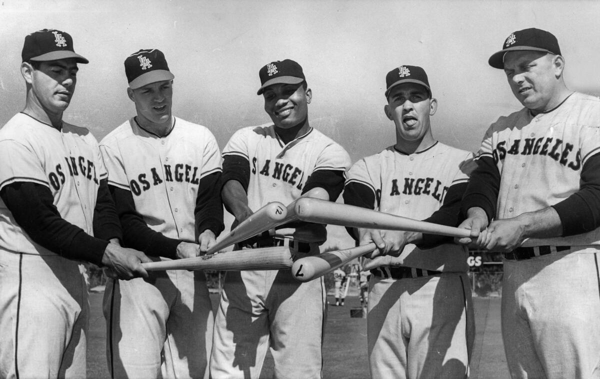 February 1962: Los Angeles Angels sluggers at spring training at Palm Springs include, from left, outfielders Ken Hunt, Lee Thomas and Leon Wagner and catcher Earl Averill and first baseman Steve Bilko.