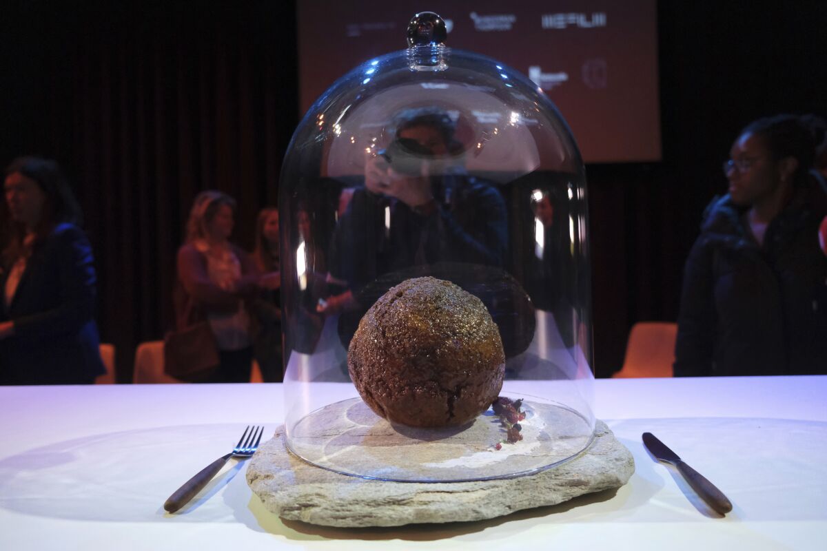 A meatball made using genetic code from a mammoth is seen at the Nemo science museum in Amsterdam, Tuesday March 28, 2023. An Australian company has lifted the glass cloche on a meatball made of lab-grown cultured meat using the genetic sequence from the long-extinct mastodon. The high-tech treat isn't available to eat yet - the startup says it is meant to fire up public debate about cultivated meat. (AP Photo/Mike Corder)