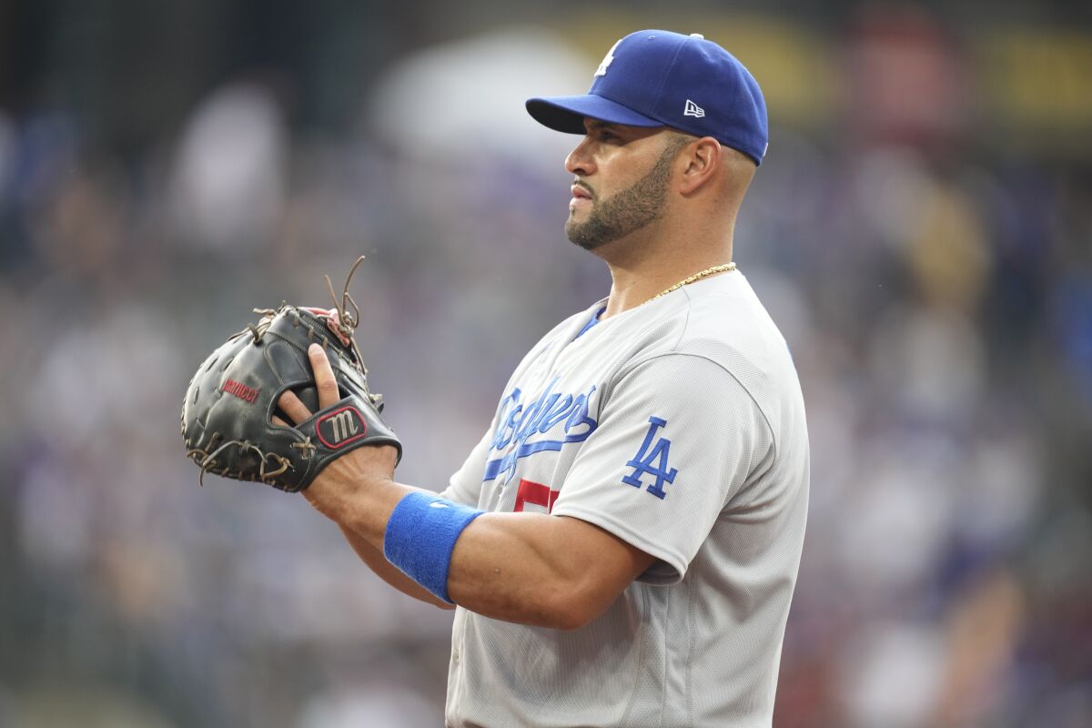 Dodgers first baseman Albert Pujols looks on during a game against the Colorado Rockies on July 17.