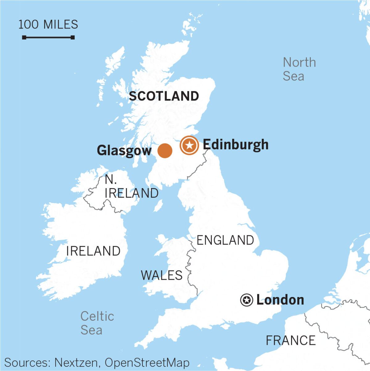 Map of Edinburgh, Glasgow, Scotland.