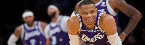 LOS ANGELES, CALIF. - DEC. 3, 2021. Lakers guard Russell Westbrook smiles after getting.