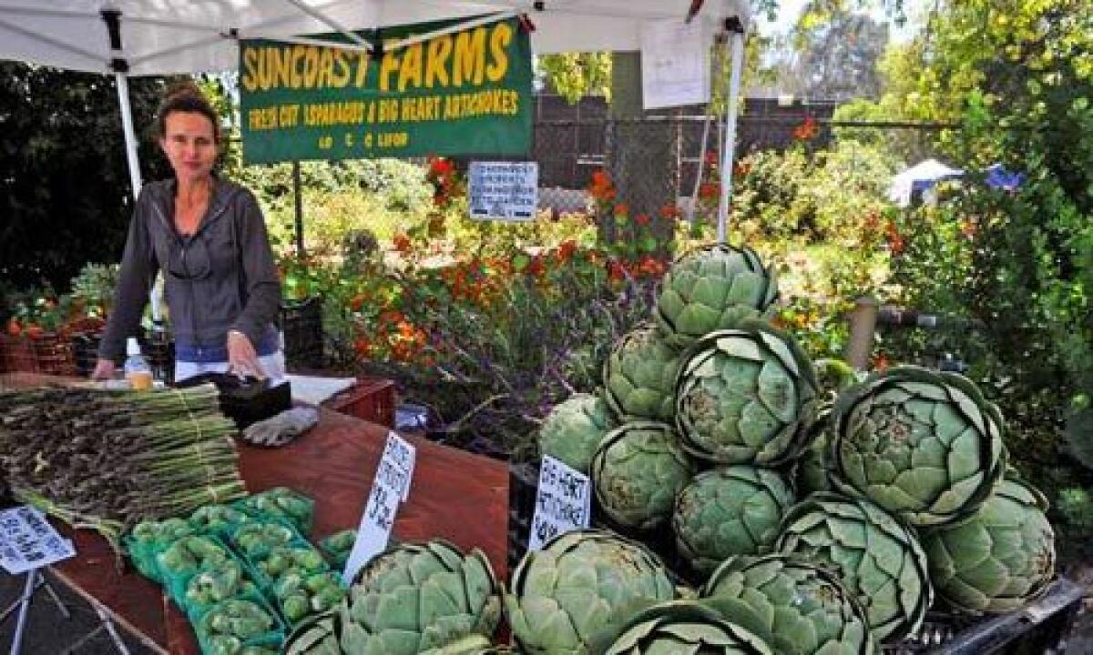 Leyla Coban, a vendor for Suncoast Farms of Lompoc, shows off asparagus and big heart artichokes at the farmers market in Westwood.