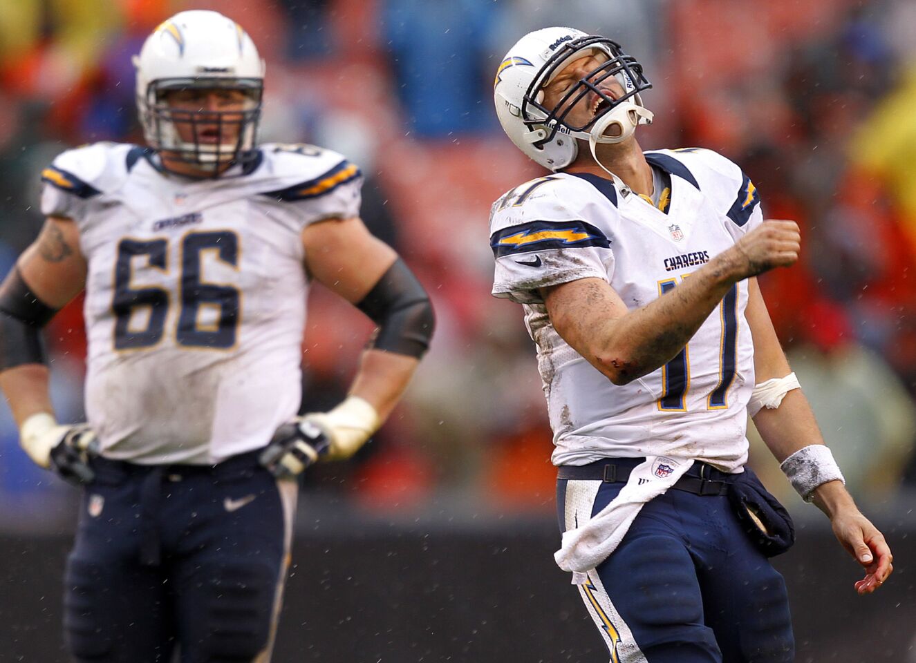 Chargers Philip Rivers couldn't convert a 4th down play on the final drive against the Browns in Cleveland on Sunday, Oct. 28, 2012. The Browns won 7-6.