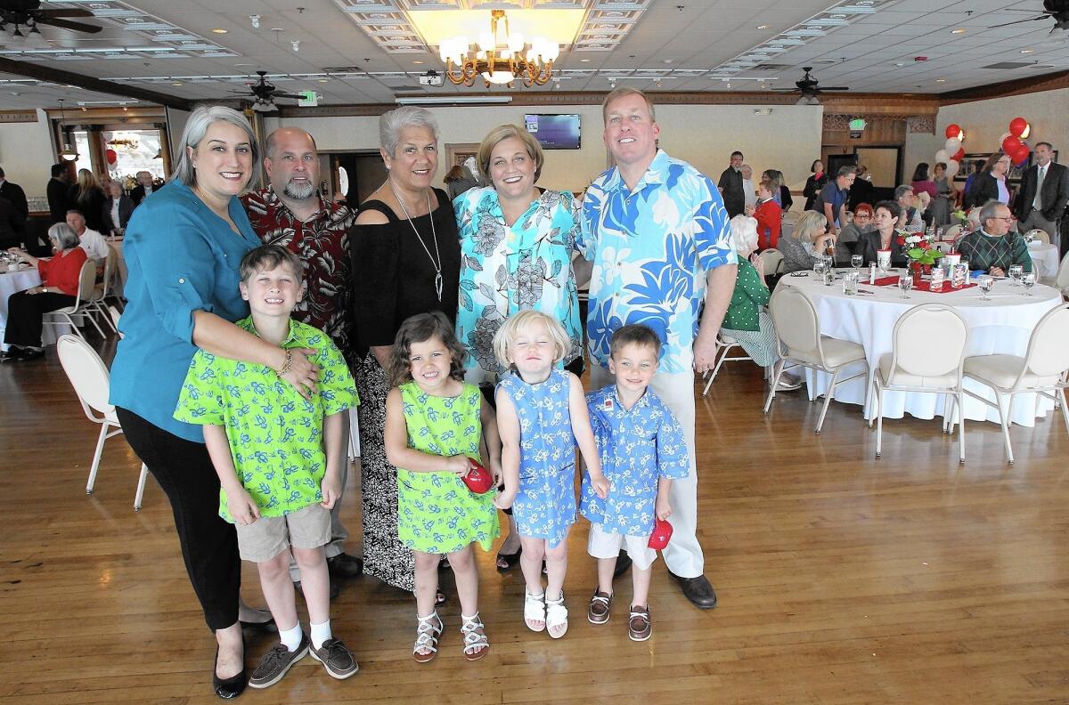 Jim de Boom's family including Jodi and Zach Drysdale, Barbara de Boom, and Stacy and Kyle Howard, back row, and the grandkids, Parker, Bailey, Kaitlyn, and Garrett during his celebration of life at the Balboa Pavilion on Wednesday.