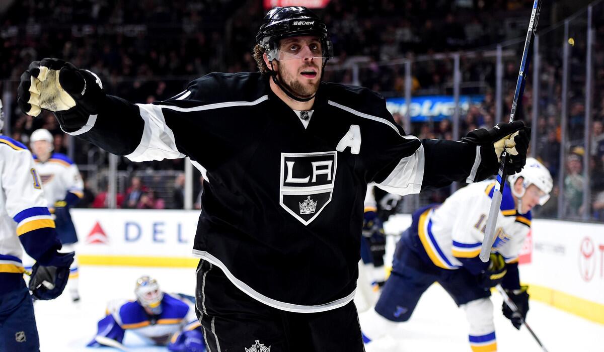 Los Angeles Kings' Anze Kopitar reacts to his goal to take a 1-0 lead over the St. Louis Blues during the second period at Staples Center on Jan. 9.