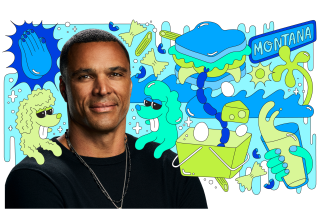 Photo of athlete Tony Gonzalez surrounded by colorful illustrations like 2 dogs, a sandwich, pasta, ocean waves and a beer