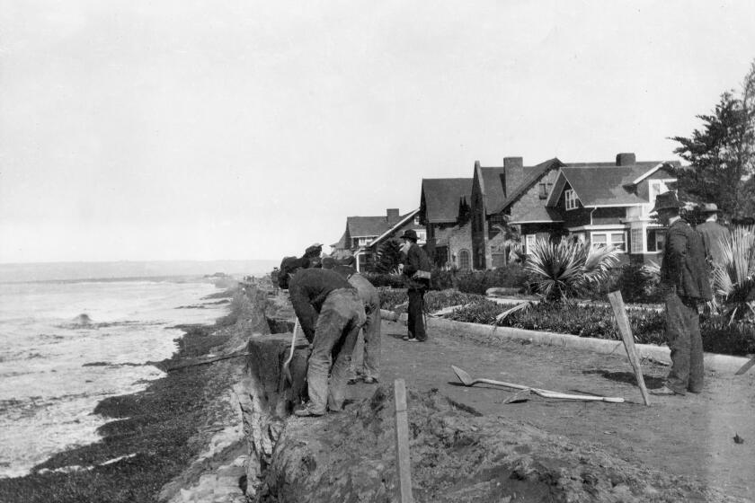 View of sand bagging cliffs at Coronado when tides were washing them away in about 1905. (ONE TIME USE_